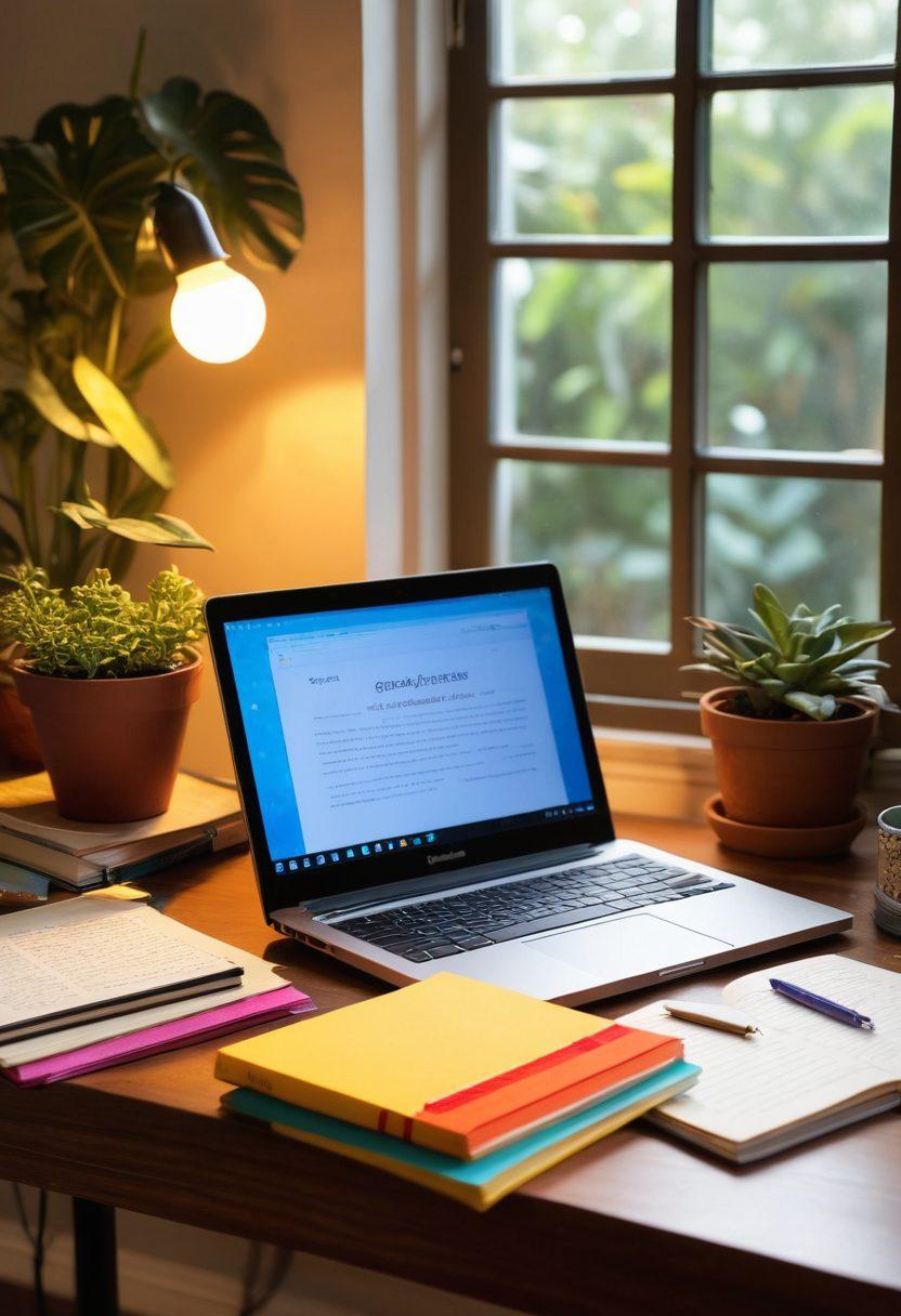 A cozy writing desk cluttered with colorful notebooks, pens, and a laptop displaying grammar exercises. Sunlight streams through a window filled with potted plants, casting gentle shadows on the desk. An open grammar book lies prominently in the foreground with highlighted passages, emphasizing the theme of grammatical improvement. The atmosphere is warm and inviting, inspiring creativity and focus. super-realistic. vibrant colors. soft lighting.