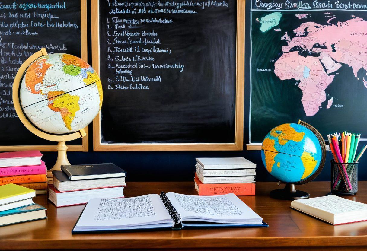 A student sitting at a desk surrounded by colorful books on English grammar, with a large open notebook filled with handwritten notes and diagrams. In the background, a chalkboard displaying grammar rules and tips, with a warm light illuminating the scene. Include elements like a cup of coffee, a globe, and inspirational posters on the wall. vibrant colors. cozy study atmosphere. super-realistic.