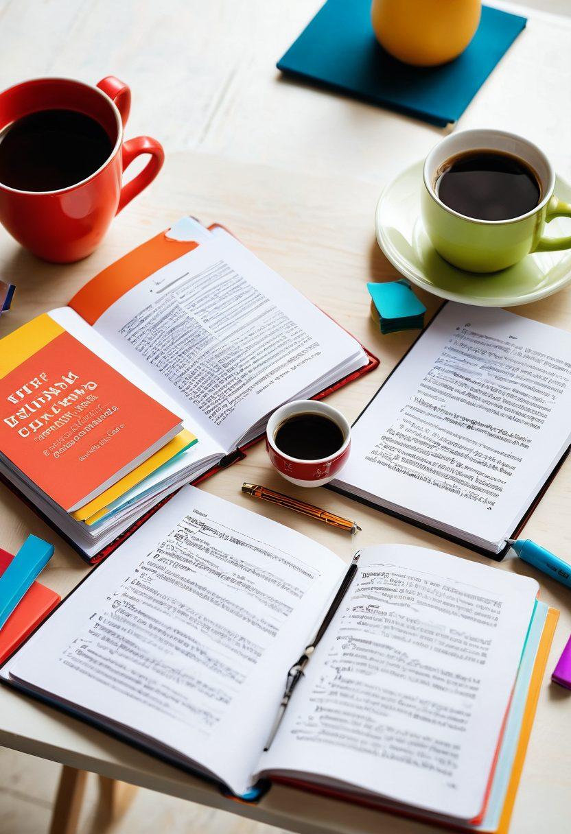 An open book with vibrant grammar rules floating around it, highlighting essential tips like 'subject-verb agreement' and 'punctuation'. In the background, diverse learners engaged in studying with colorful grammar charts. A cup of coffee and stationery scattered on the table, conveying a cozy study vibe. super-realistic. vibrant colors. white background.